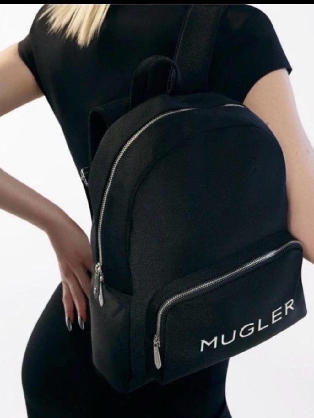 Mugler Black Logo Backpack with Silver Zippers